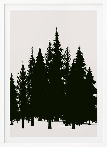 A minimalist framed artwork featuring a dense forest of evergreen trees rendered as dark green silhouettes against a plain, off-white background. Artwork