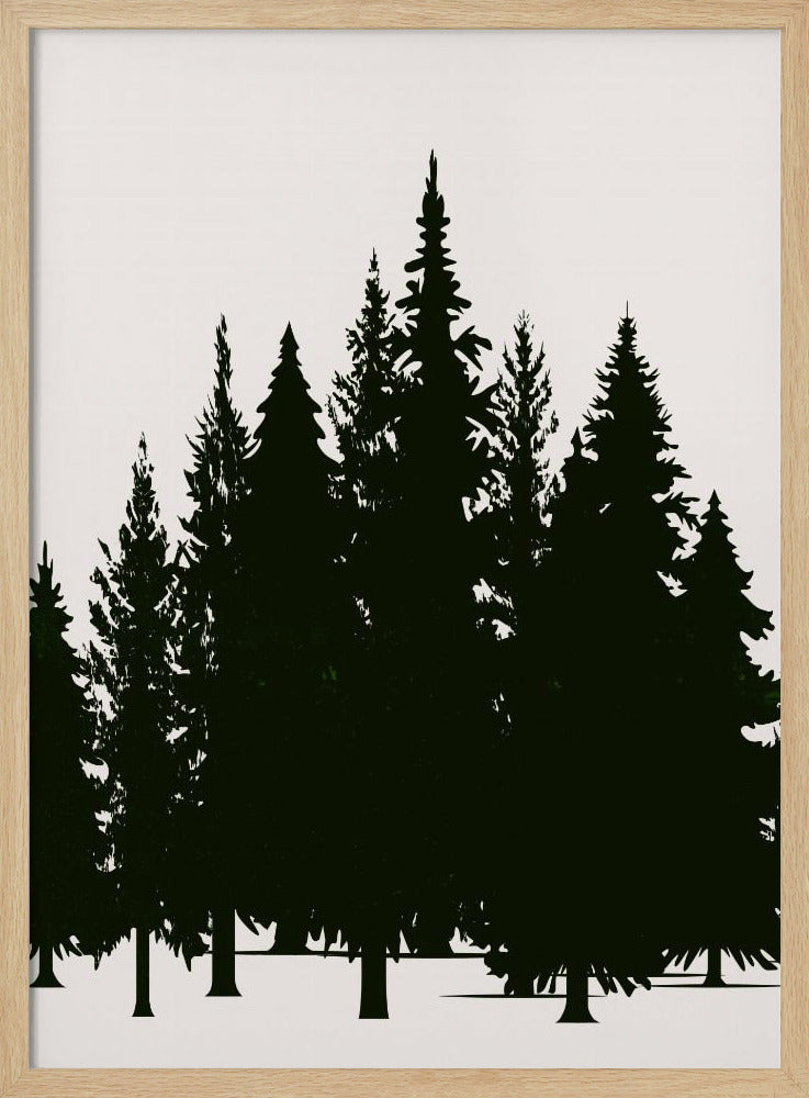 A minimalist framed artwork featuring a dense forest of evergreen trees rendered as dark green silhouettes against a plain, off-white background. Artwork