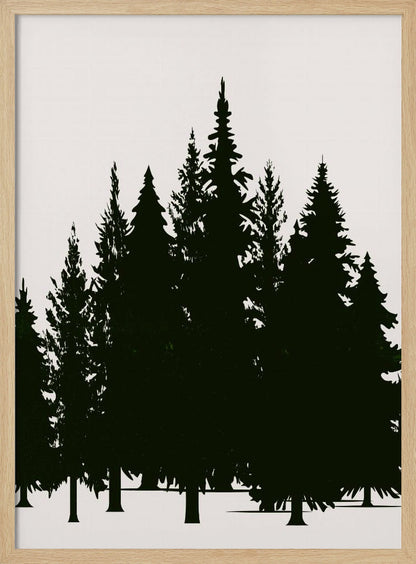 A minimalist framed artwork featuring a dense forest of evergreen trees rendered as dark green silhouettes against a plain, off-white background. Artwork