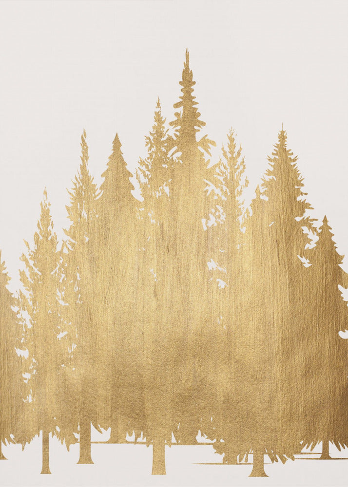 A framed piece of art featuring silhouettes of a pine tree forest in a textured, metallic gold finish against a clean white background, enclosed in a simple black frame. Poster