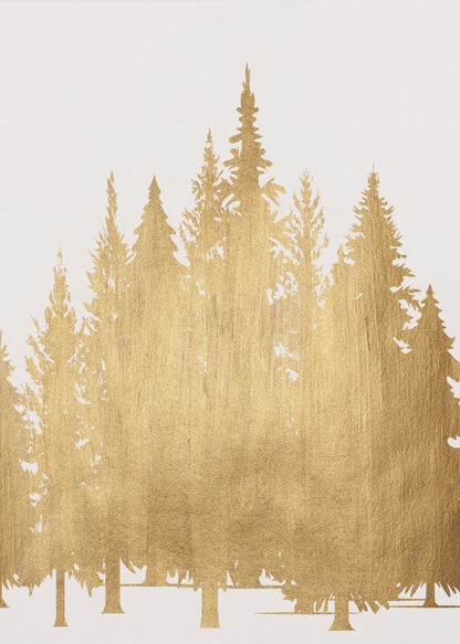 A framed piece of art featuring silhouettes of a pine tree forest in a textured, metallic gold finish against a clean white background, enclosed in a simple black frame. Poster
