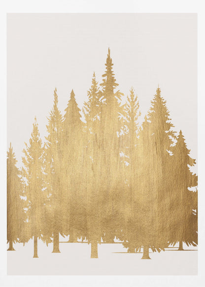 A framed piece of art featuring silhouettes of a pine tree forest in a textured, metallic gold finish against a clean white background, enclosed in a simple black frame. Poster