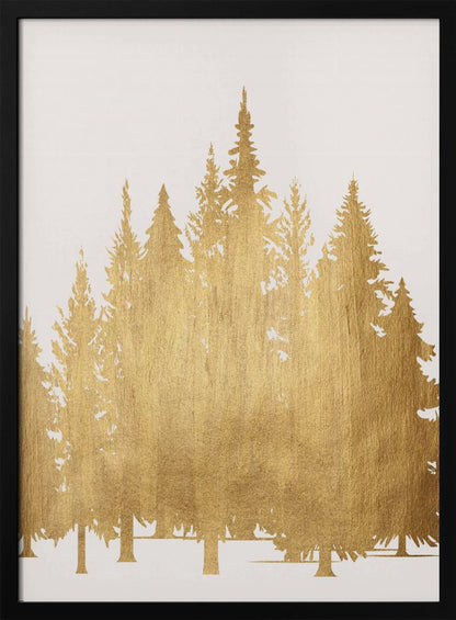 A framed piece of art featuring silhouettes of a pine tree forest in a textured, metallic gold finish against a clean white background, enclosed in a simple black frame. Poster
