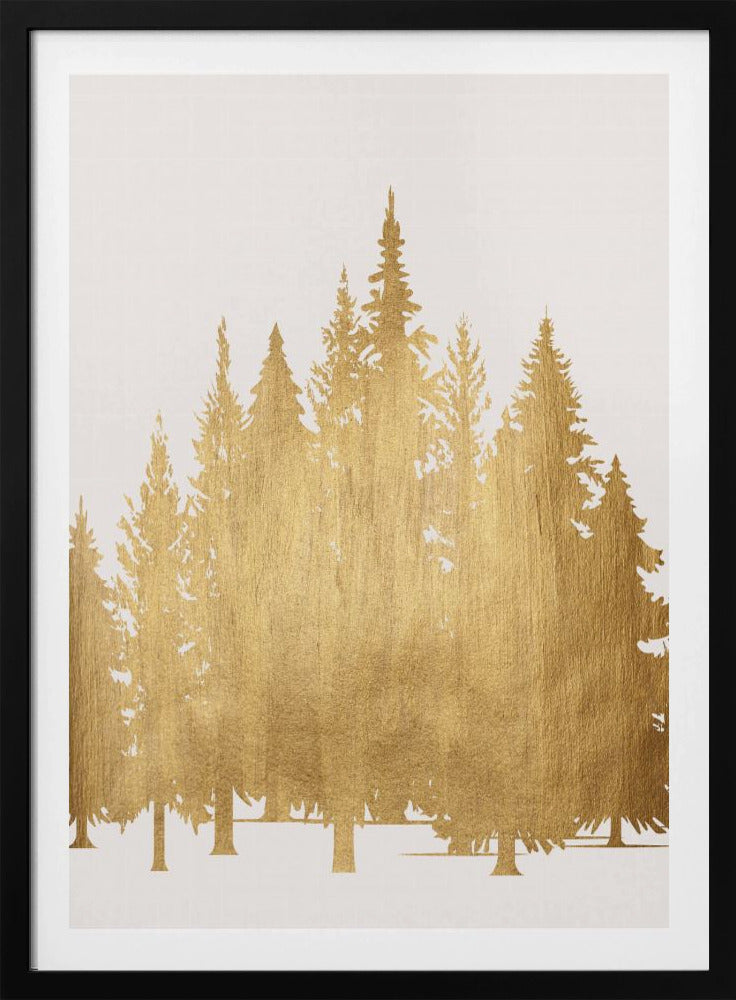 A framed piece of art featuring silhouettes of a pine tree forest in a textured, metallic gold finish against a clean white background, enclosed in a simple black frame. Poster