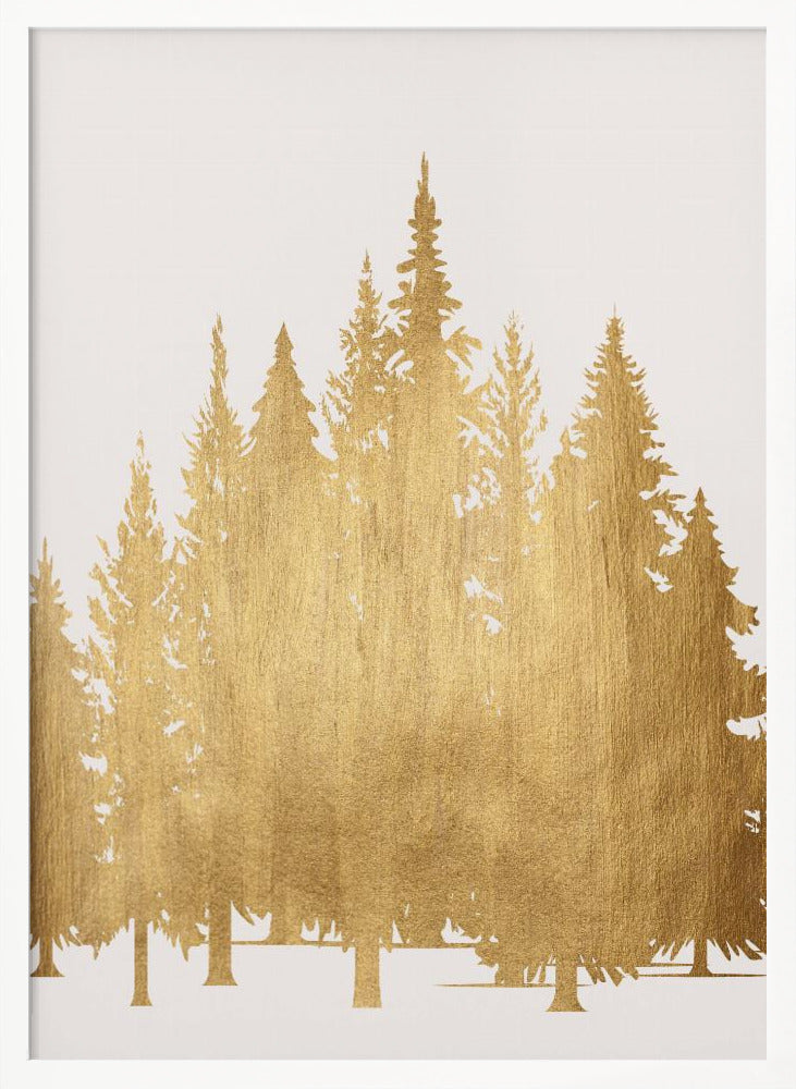 A framed piece of art featuring silhouettes of a pine tree forest in a textured, metallic gold finish against a clean white background, enclosed in a simple black frame. Poster
