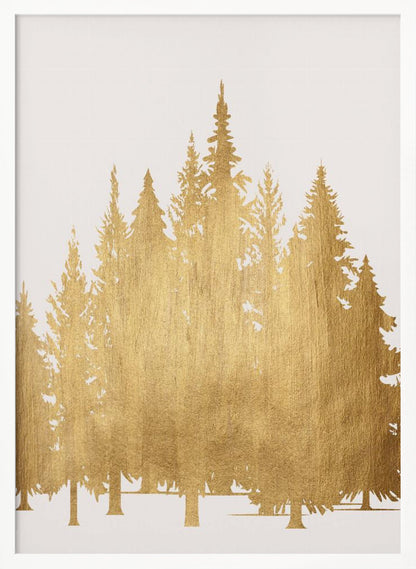 A framed piece of art featuring silhouettes of a pine tree forest in a textured, metallic gold finish against a clean white background, enclosed in a simple black frame. Poster