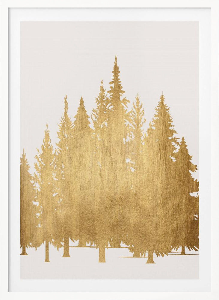 A framed piece of art featuring silhouettes of a pine tree forest in a textured, metallic gold finish against a clean white background, enclosed in a simple black frame. Poster