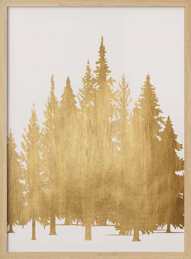 A framed piece of art featuring silhouettes of a pine tree forest in a textured, metallic gold finish against a clean white background, enclosed in a simple black frame. Poster
