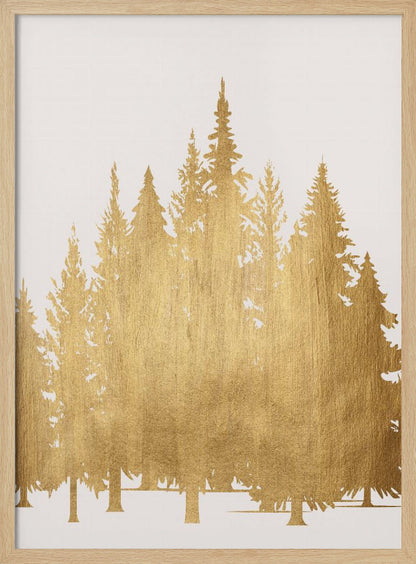 A framed piece of art featuring silhouettes of a pine tree forest in a textured, metallic gold finish against a clean white background, enclosed in a simple black frame. Poster