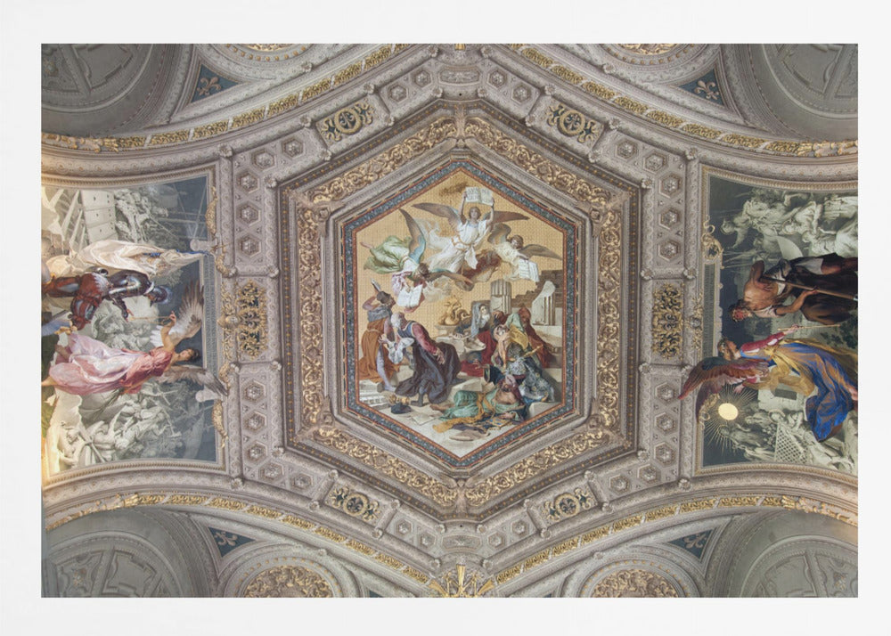 A detailed photograph of an ornate, coffered ceiling from the Renaissance period. The ceiling has intricate grey and gold architectural details, with a central hexagonal fresco and smaller side paintings depicting religious scenes with angels and figures in classical robes, all enclosed in a silver frame. Artwork