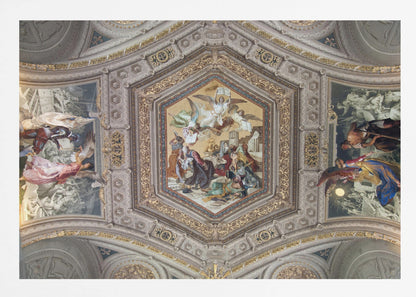 A detailed photograph of an ornate, coffered ceiling from the Renaissance period. The ceiling has intricate grey and gold architectural details, with a central hexagonal fresco and smaller side paintings depicting religious scenes with angels and figures in classical robes, all enclosed in a silver frame. Artwork
