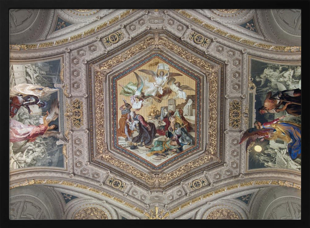 A detailed photograph of an ornate, coffered ceiling from the Renaissance period. The ceiling has intricate grey and gold architectural details, with a central hexagonal fresco and smaller side paintings depicting religious scenes with angels and figures in classical robes, all enclosed in a silver frame. Artwork