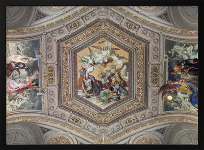 A detailed photograph of an ornate, coffered ceiling from the Renaissance period. The ceiling has intricate grey and gold architectural details, with a central hexagonal fresco and smaller side paintings depicting religious scenes with angels and figures in classical robes, all enclosed in a silver frame. Artwork