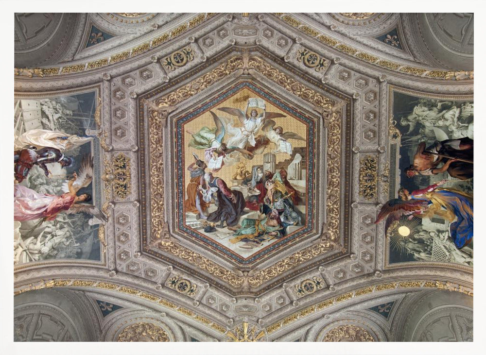 A detailed photograph of an ornate, coffered ceiling from the Renaissance period. The ceiling has intricate grey and gold architectural details, with a central hexagonal fresco and smaller side paintings depicting religious scenes with angels and figures in classical robes, all enclosed in a silver frame. Artwork