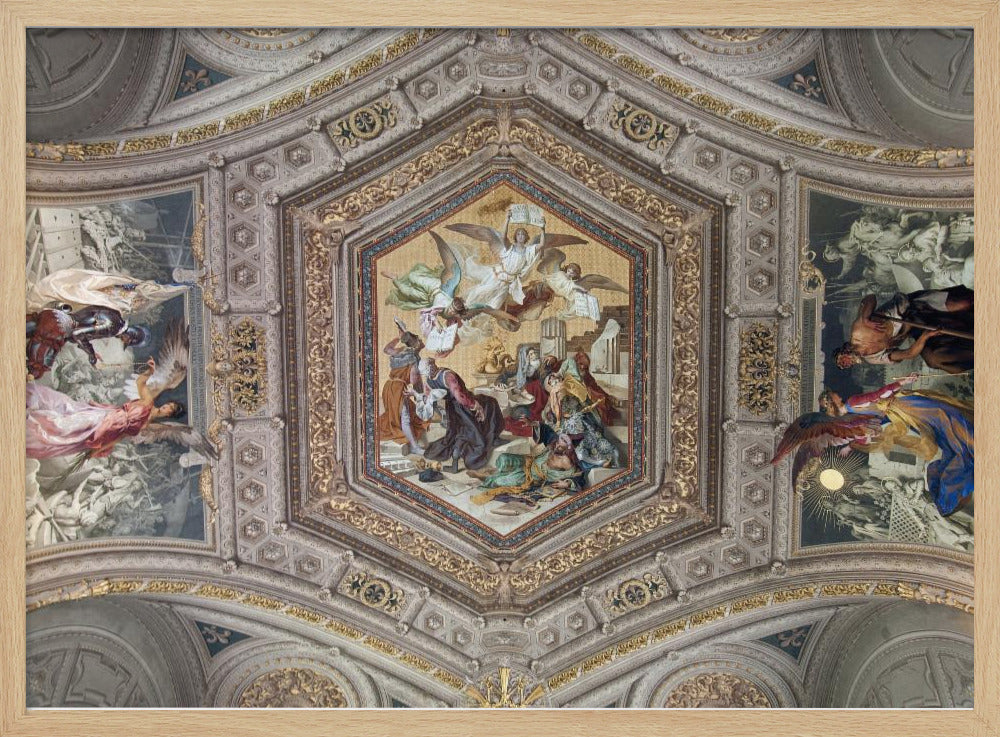 A detailed photograph of an ornate, coffered ceiling from the Renaissance period. The ceiling has intricate grey and gold architectural details, with a central hexagonal fresco and smaller side paintings depicting religious scenes with angels and figures in classical robes, all enclosed in a silver frame. Artwork