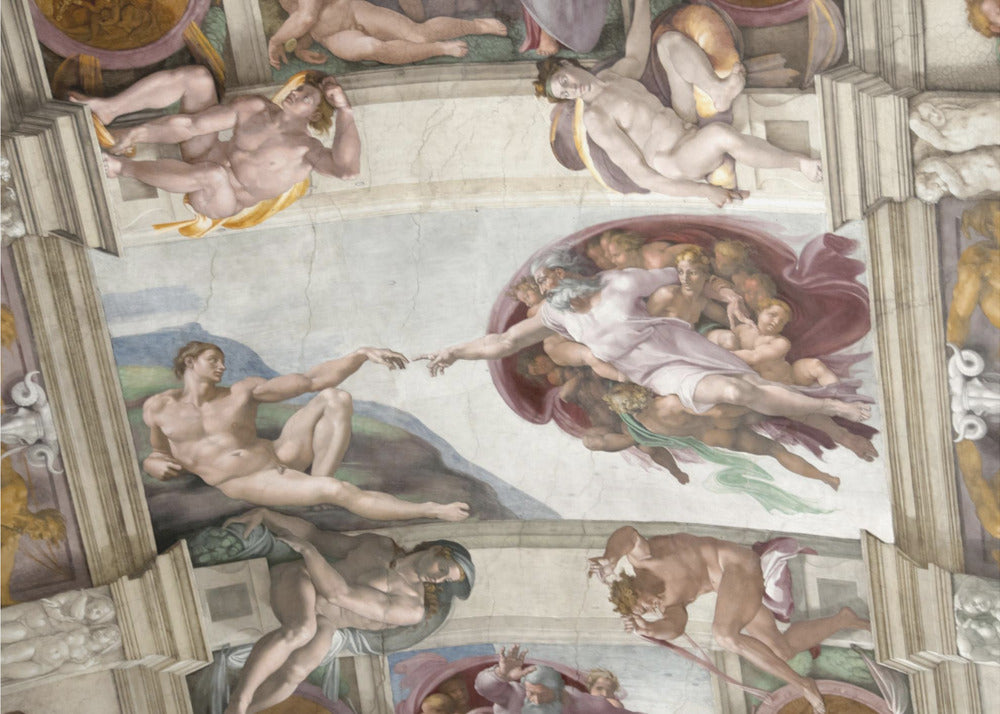 A framed print of Michelangelo's iconic Renaissance painting, 'The Creation of Adam,' showing God reaching from the heavens to give life to a reclining Adam. Poster