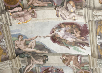 A framed print of Michelangelo's iconic Renaissance painting, 'The Creation of Adam,' showing God reaching from the heavens to give life to a reclining Adam. Poster
