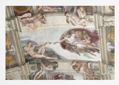 A framed print of Michelangelo's iconic Renaissance painting, 'The Creation of Adam,' showing God reaching from the heavens to give life to a reclining Adam. Poster