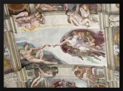 A framed print of Michelangelo's iconic Renaissance painting, 'The Creation of Adam,' showing God reaching from the heavens to give life to a reclining Adam. Poster