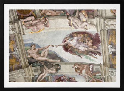 A framed print of Michelangelo's iconic Renaissance painting, 'The Creation of Adam,' showing God reaching from the heavens to give life to a reclining Adam. Poster