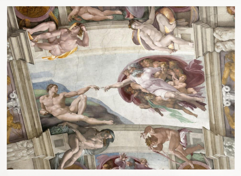 A framed print of Michelangelo's iconic Renaissance painting, 'The Creation of Adam,' showing God reaching from the heavens to give life to a reclining Adam. Poster