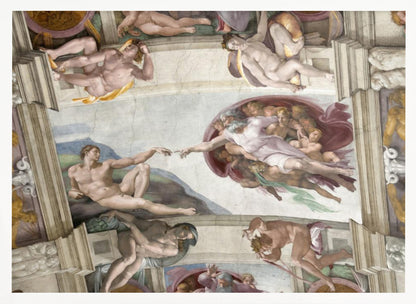 A framed print of Michelangelo's iconic Renaissance painting, 'The Creation of Adam,' showing God reaching from the heavens to give life to a reclining Adam. Poster
