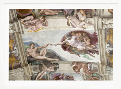 A framed print of Michelangelo's iconic Renaissance painting, 'The Creation of Adam,' showing God reaching from the heavens to give life to a reclining Adam. Poster