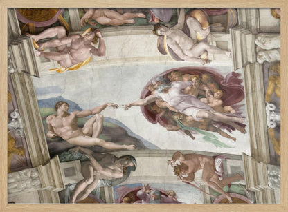A framed print of Michelangelo's iconic Renaissance painting, 'The Creation of Adam,' showing God reaching from the heavens to give life to a reclining Adam. Poster