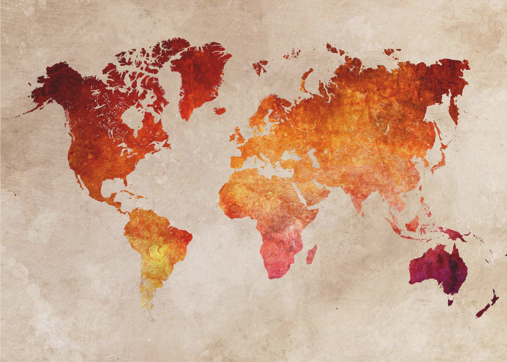 An artistic world map with continents filled in a fiery, textured blend of red, orange, and yellow hues. The map is set against a distressed, parchment-style beige background and is presented in a brushed silver frame. Poster