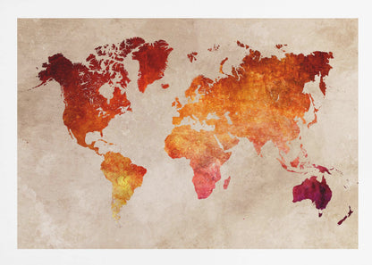 An artistic world map with continents filled in a fiery, textured blend of red, orange, and yellow hues. The map is set against a distressed, parchment-style beige background and is presented in a brushed silver frame. Poster