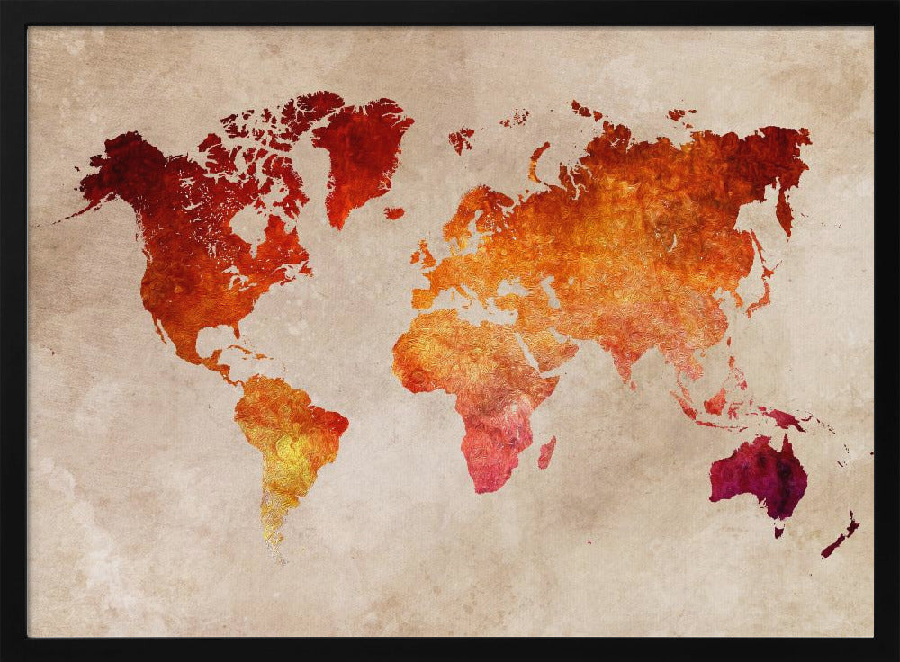 An artistic world map with continents filled in a fiery, textured blend of red, orange, and yellow hues. The map is set against a distressed, parchment-style beige background and is presented in a brushed silver frame. Poster