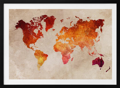 An artistic world map with continents filled in a fiery, textured blend of red, orange, and yellow hues. The map is set against a distressed, parchment-style beige background and is presented in a brushed silver frame. Poster