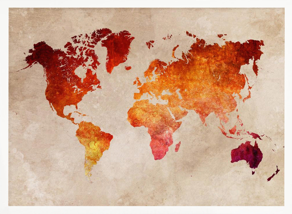 An artistic world map with continents filled in a fiery, textured blend of red, orange, and yellow hues. The map is set against a distressed, parchment-style beige background and is presented in a brushed silver frame. Poster