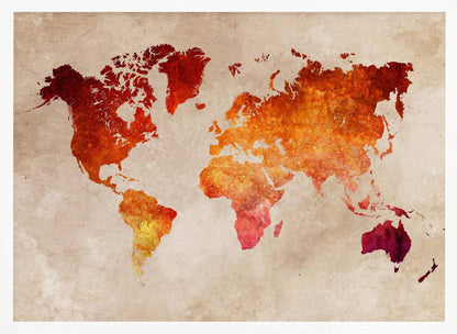 An artistic world map with continents filled in a fiery, textured blend of red, orange, and yellow hues. The map is set against a distressed, parchment-style beige background and is presented in a brushed silver frame. Poster