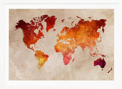 An artistic world map with continents filled in a fiery, textured blend of red, orange, and yellow hues. The map is set against a distressed, parchment-style beige background and is presented in a brushed silver frame. Poster