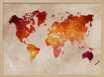 An artistic world map with continents filled in a fiery, textured blend of red, orange, and yellow hues. The map is set against a distressed, parchment-style beige background and is presented in a brushed silver frame. Poster