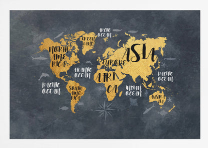 A modern world map artwork with gold leaf continents set against a textured dark gray background. Continents and oceans are labeled with decorative typography, and subtle illustrations of sea life swim in the oceans. The art is presented in a silver frame. Artwork