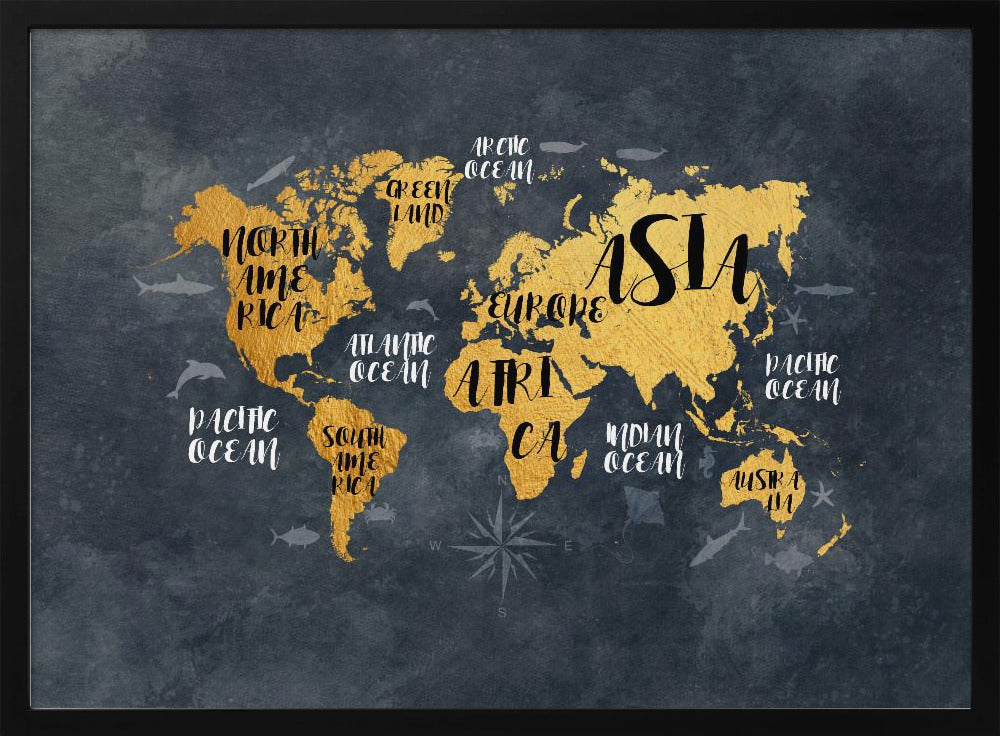 A modern world map artwork with gold leaf continents set against a textured dark gray background. Continents and oceans are labeled with decorative typography, and subtle illustrations of sea life swim in the oceans. The art is presented in a silver frame. Artwork