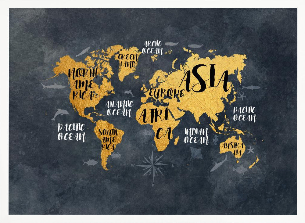 A modern world map artwork with gold leaf continents set against a textured dark gray background. Continents and oceans are labeled with decorative typography, and subtle illustrations of sea life swim in the oceans. The art is presented in a silver frame. Artwork