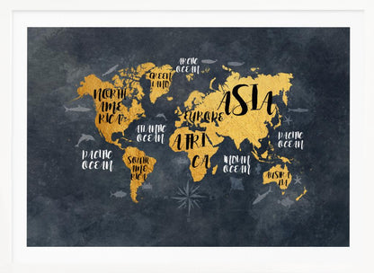 A modern world map artwork with gold leaf continents set against a textured dark gray background. Continents and oceans are labeled with decorative typography, and subtle illustrations of sea life swim in the oceans. The art is presented in a silver frame. Artwork