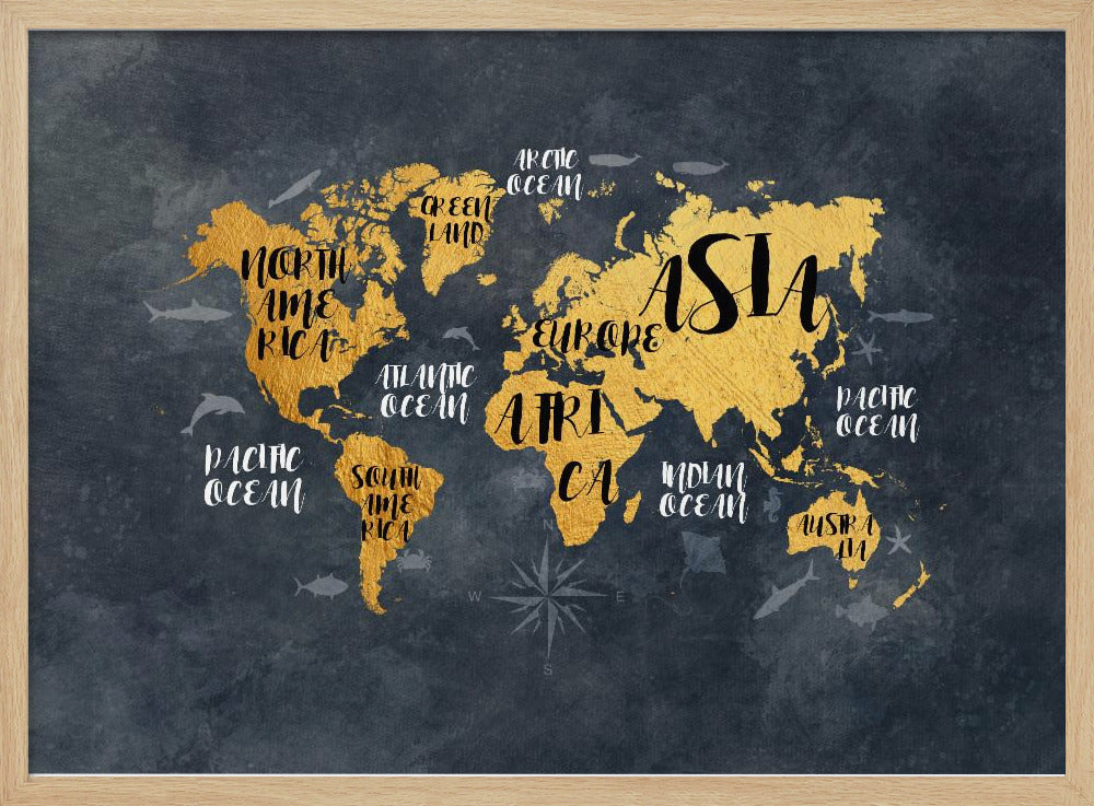 A modern world map artwork with gold leaf continents set against a textured dark gray background. Continents and oceans are labeled with decorative typography, and subtle illustrations of sea life swim in the oceans. The art is presented in a silver frame. Artwork