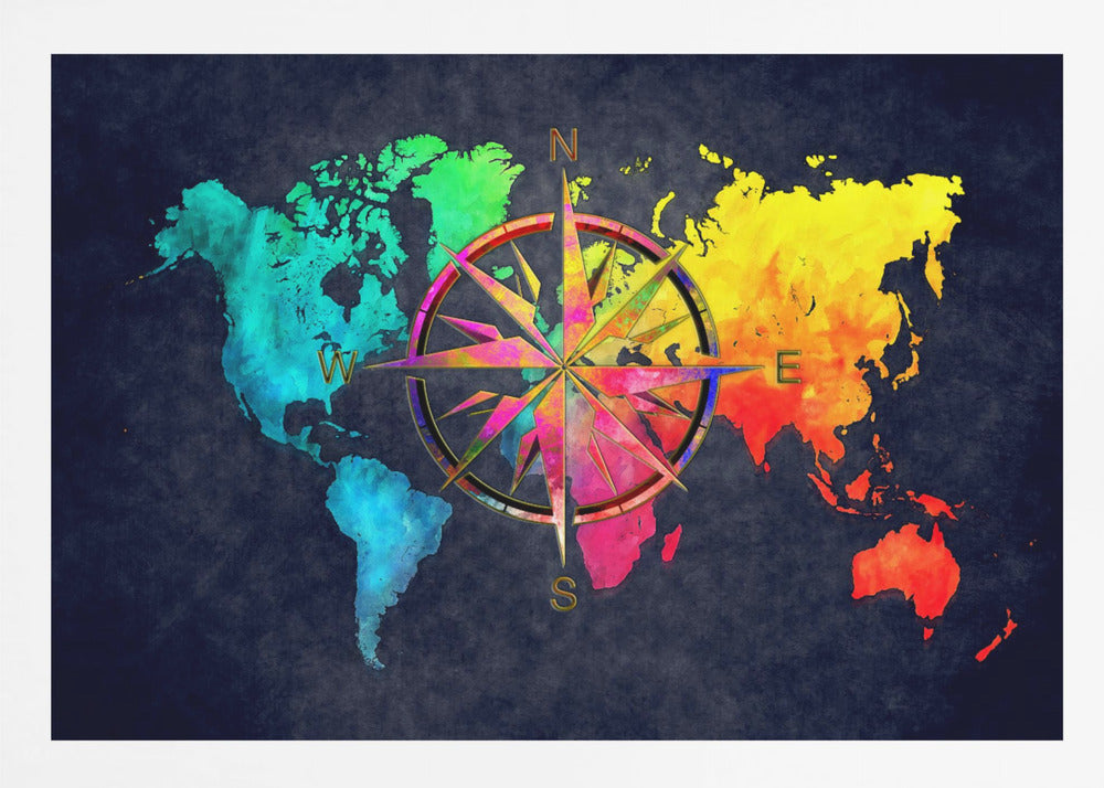 An artistic world map in a silver frame, featuring continents in a vibrant rainbow watercolor style against a dark, textured navy blue background. A large, ornate, and colorful compass rose is superimposed in the center of the map. Artwork