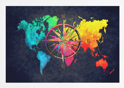 An artistic world map in a silver frame, featuring continents in a vibrant rainbow watercolor style against a dark, textured navy blue background. A large, ornate, and colorful compass rose is superimposed in the center of the map. Artwork