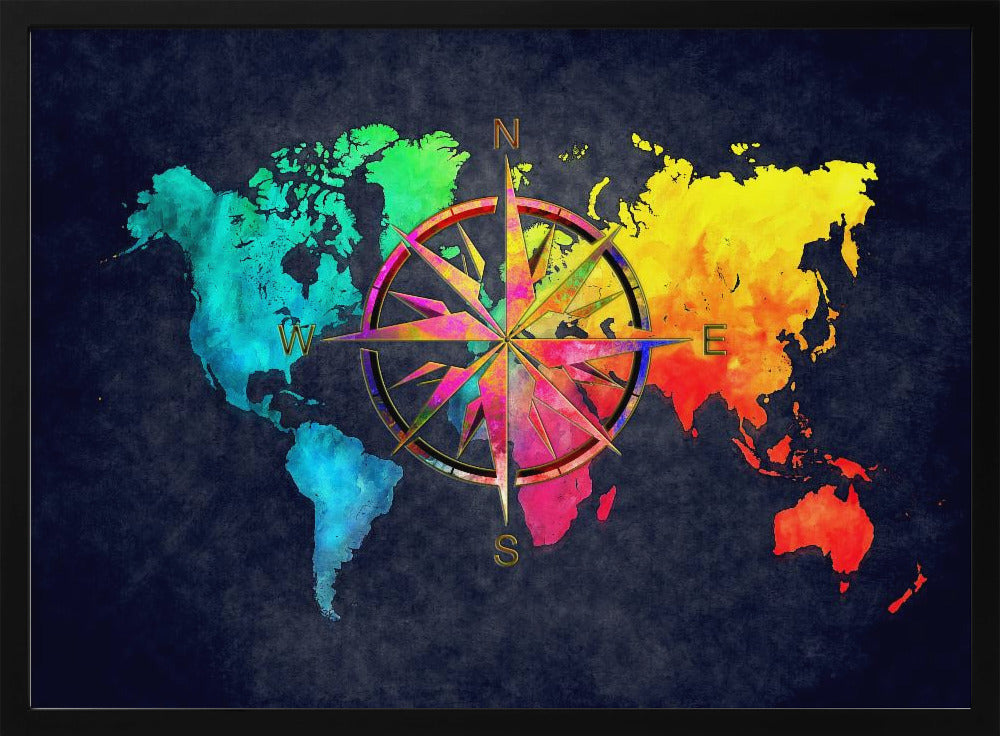 An artistic world map in a silver frame, featuring continents in a vibrant rainbow watercolor style against a dark, textured navy blue background. A large, ornate, and colorful compass rose is superimposed in the center of the map. Artwork