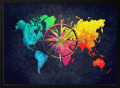 An artistic world map in a silver frame, featuring continents in a vibrant rainbow watercolor style against a dark, textured navy blue background. A large, ornate, and colorful compass rose is superimposed in the center of the map. Artwork