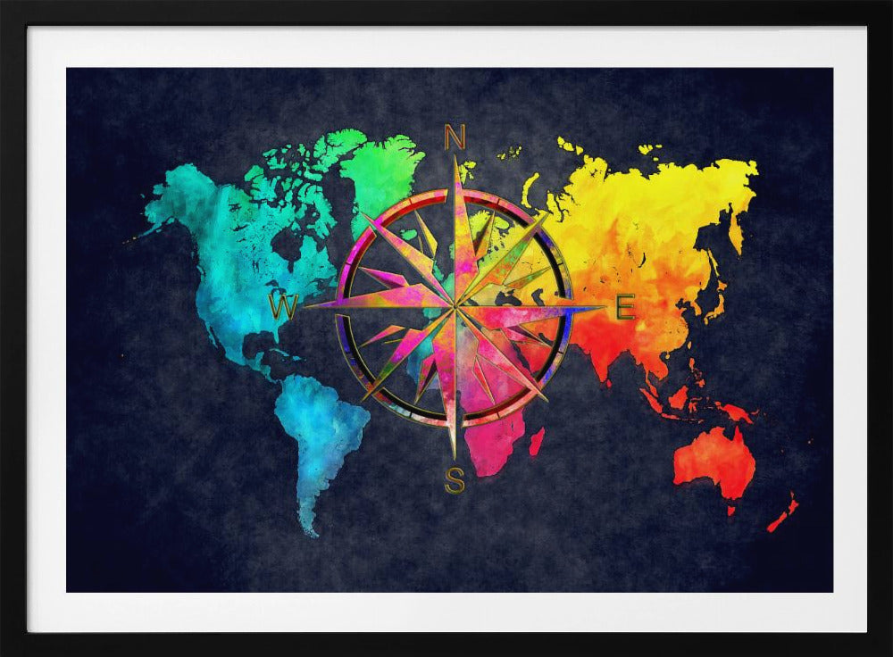 An artistic world map in a silver frame, featuring continents in a vibrant rainbow watercolor style against a dark, textured navy blue background. A large, ornate, and colorful compass rose is superimposed in the center of the map. Artwork