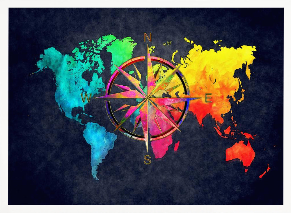 An artistic world map in a silver frame, featuring continents in a vibrant rainbow watercolor style against a dark, textured navy blue background. A large, ornate, and colorful compass rose is superimposed in the center of the map. Artwork