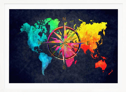 An artistic world map in a silver frame, featuring continents in a vibrant rainbow watercolor style against a dark, textured navy blue background. A large, ornate, and colorful compass rose is superimposed in the center of the map. Artwork