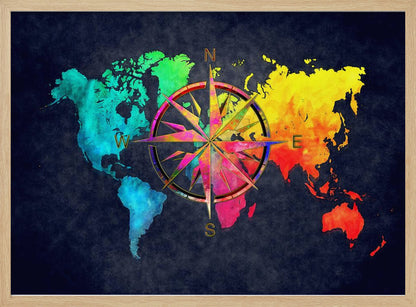 An artistic world map in a silver frame, featuring continents in a vibrant rainbow watercolor style against a dark, textured navy blue background. A large, ornate, and colorful compass rose is superimposed in the center of the map. Artwork