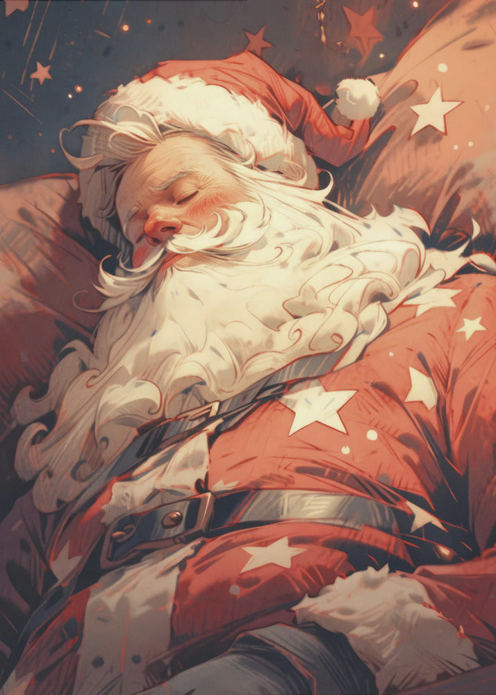 A stylized illustration of Santa Claus sleeping soundly. He wears his classic red suit with white stars and a matching hat, his head resting on a pillow. The background is a dark blue night sky filled with stars, creating a peaceful, festive atmosphere. Decor